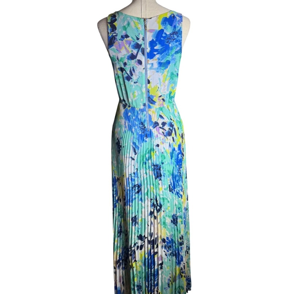 Eliza J Blue Green Floral Watercolor Pleated Maxi Dress EJ6M1890 Size 4